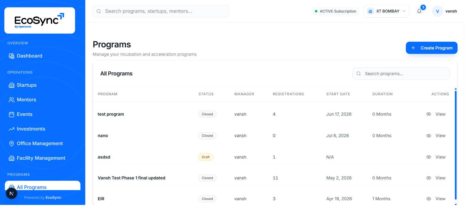 The All Programs page listing existing programs with a create button