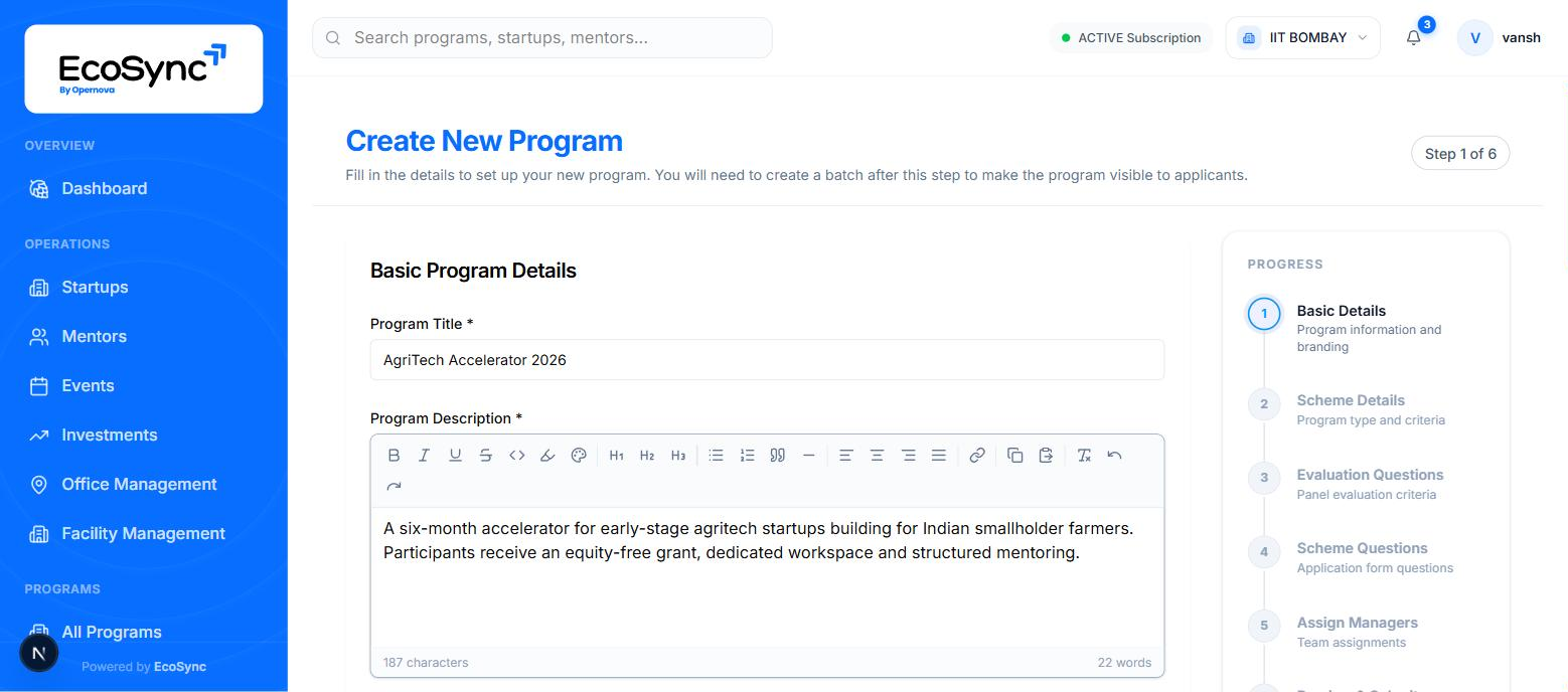 Step one of the create program wizard showing title, description, images and objective fields