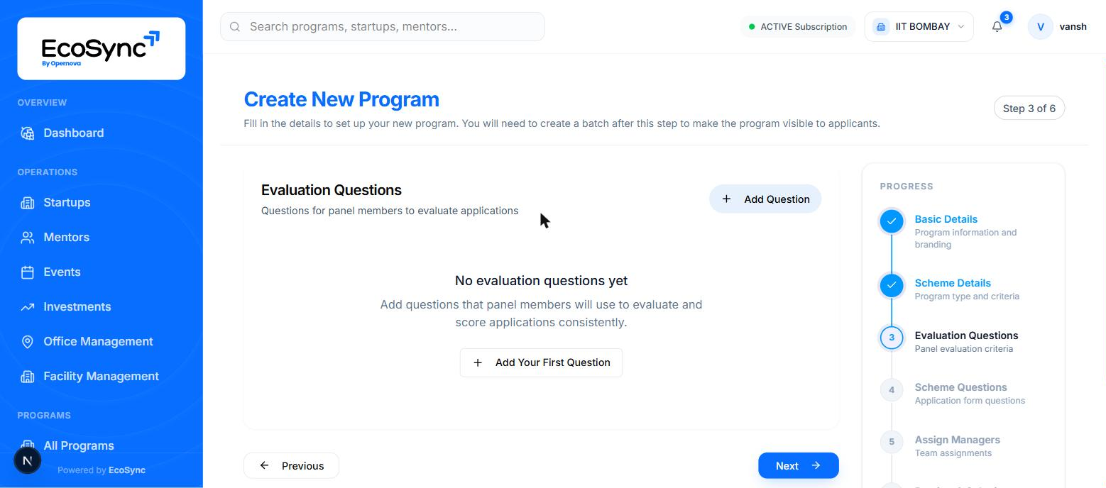 Step three of the create program wizard showing the empty evaluation questions screen