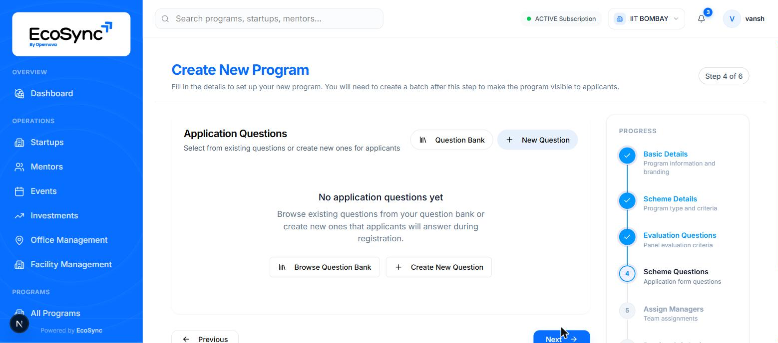Step four of the create program wizard showing the empty application questions screen with Question Bank and New Question buttons