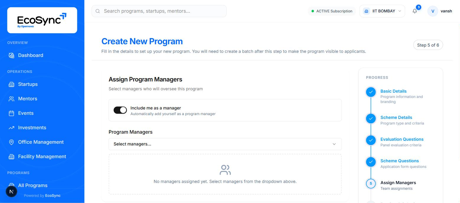 Step five of the create program wizard showing the manager assignment list