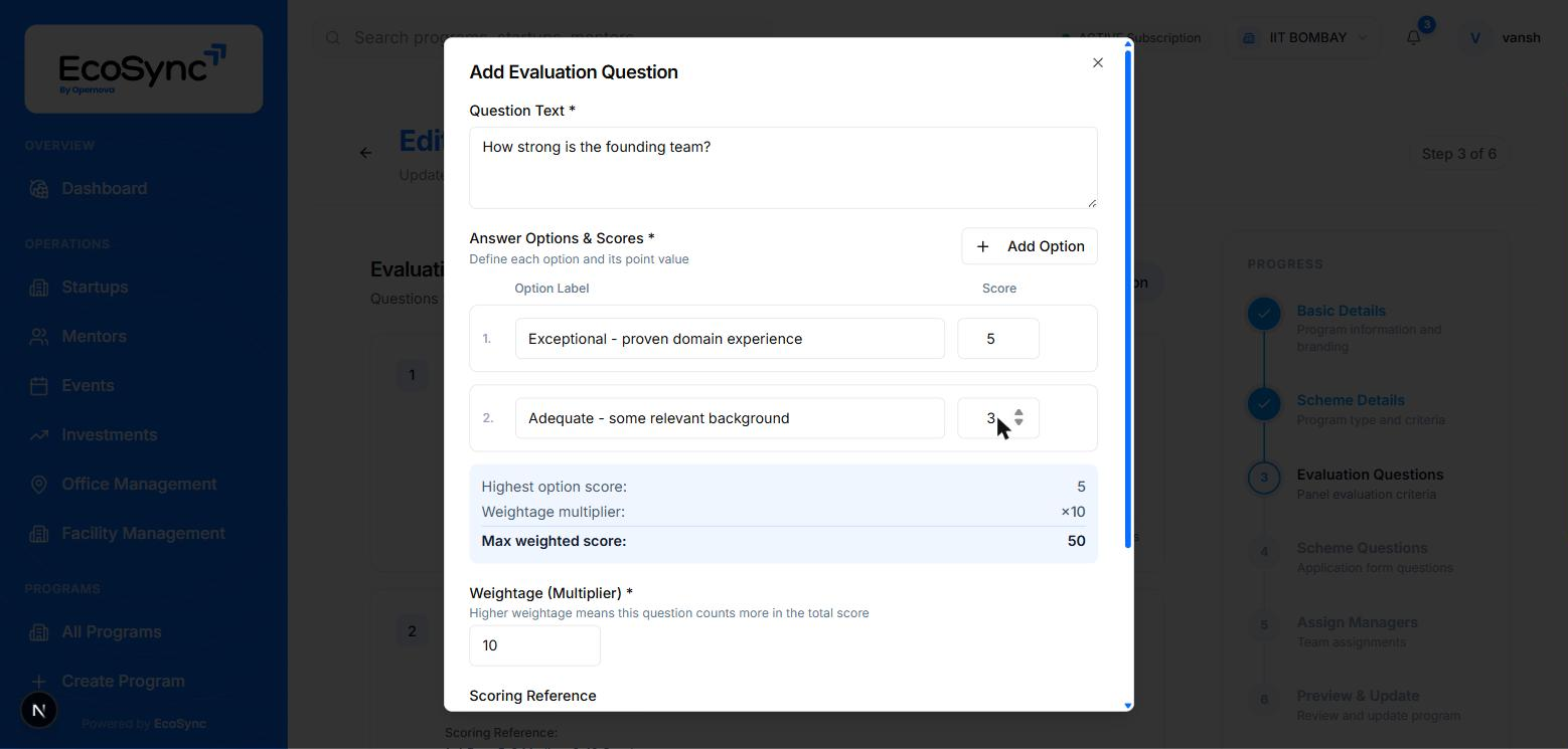 The Add Evaluation Question dialog with question text, two scored answer options, and a live score summary