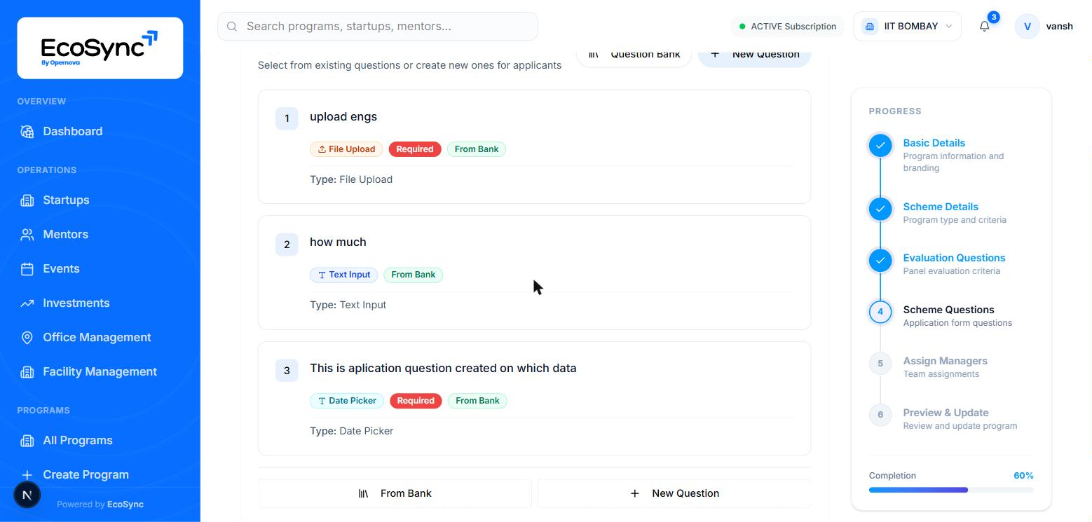 The application questions screen with three saved questions showing type, Required and From Bank badges