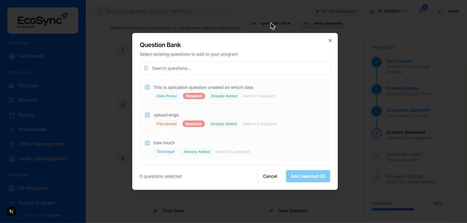 The Question Bank dialog listing existing questions with type badges, Already Added labels and usage counts
