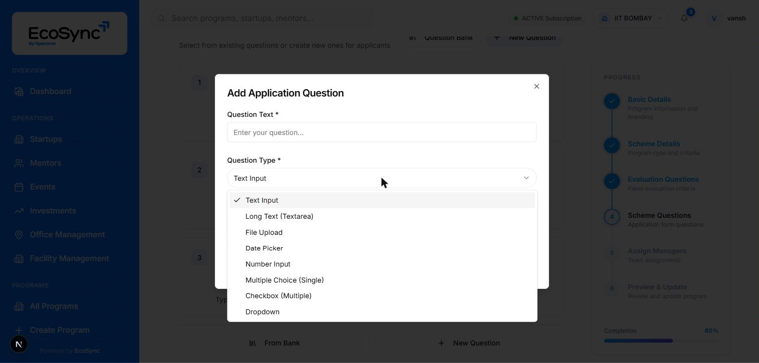 The question type dropdown open showing all eight available answer formats