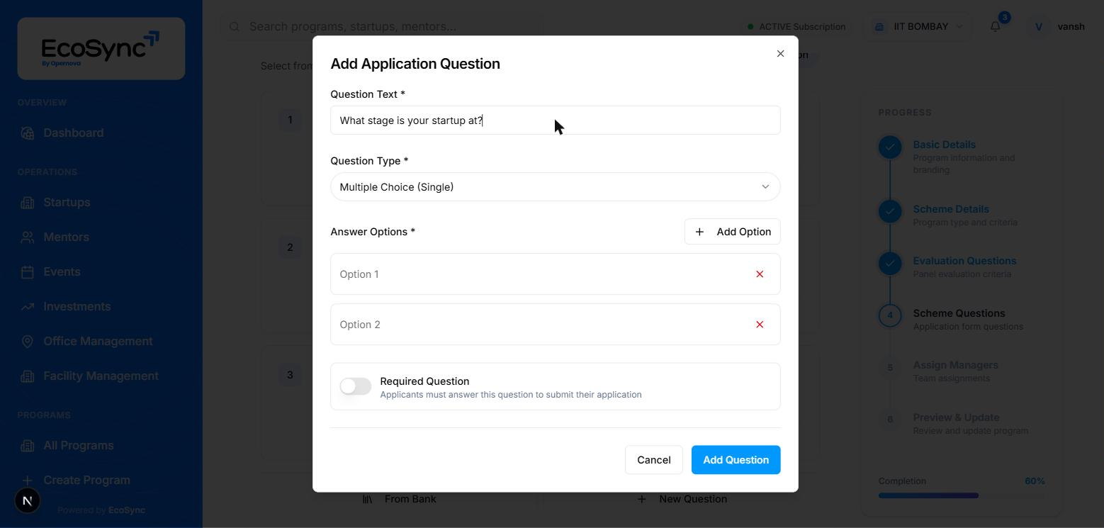The Add Application Question dialog with question text, type set to Multiple Choice, two option rows, and a Required toggle