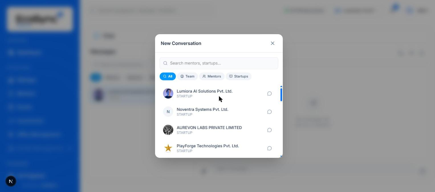 The New Conversation dialog with a search box and filters for All, Team, Mentors and Startups, listing startups to message