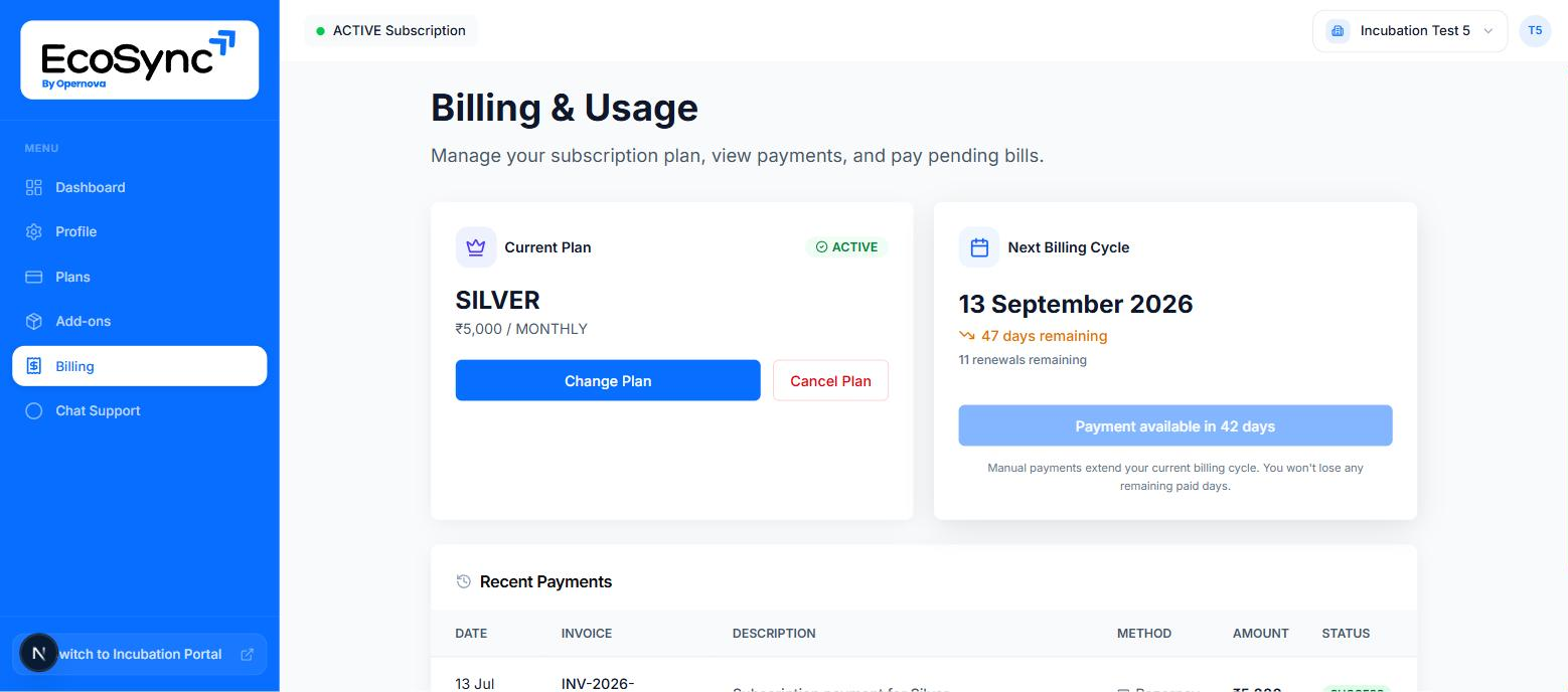 The Billing and Usage page showing current plan Silver at 5000 rupees monthly, next billing cycle with days remaining and renewals left, and a recent payments table