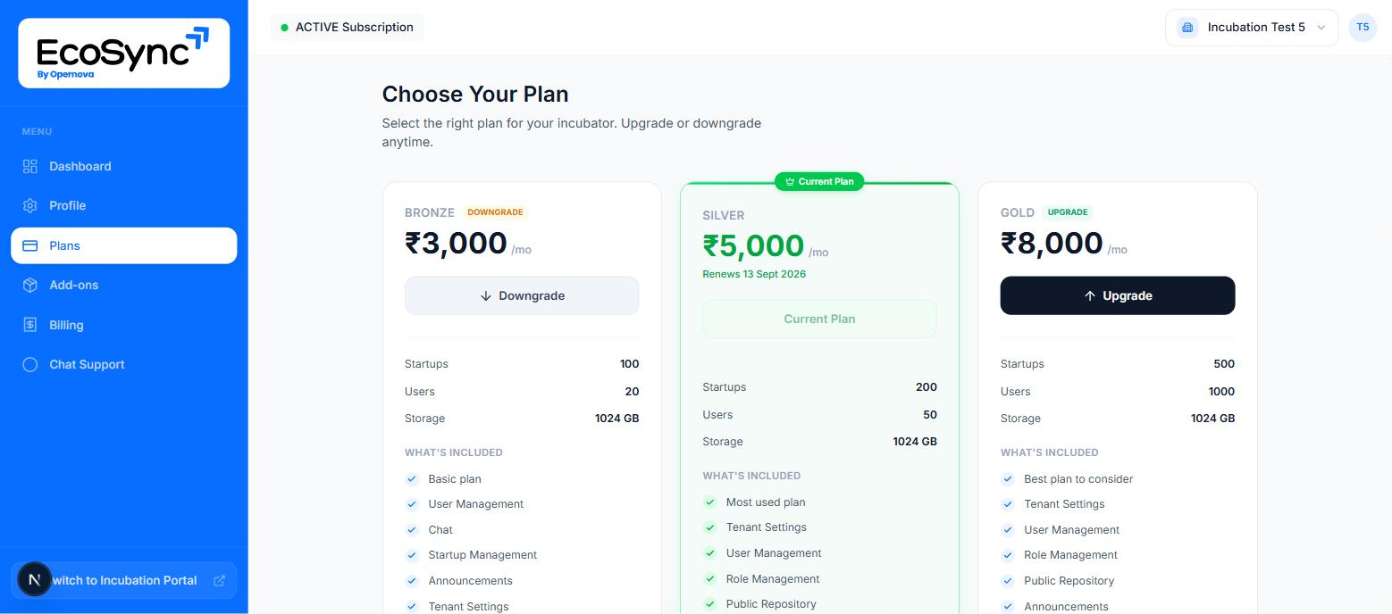 The Choose Your Plan page showing Bronze, Silver and Gold tiers with monthly prices, startup, user and storage limits and included modules
