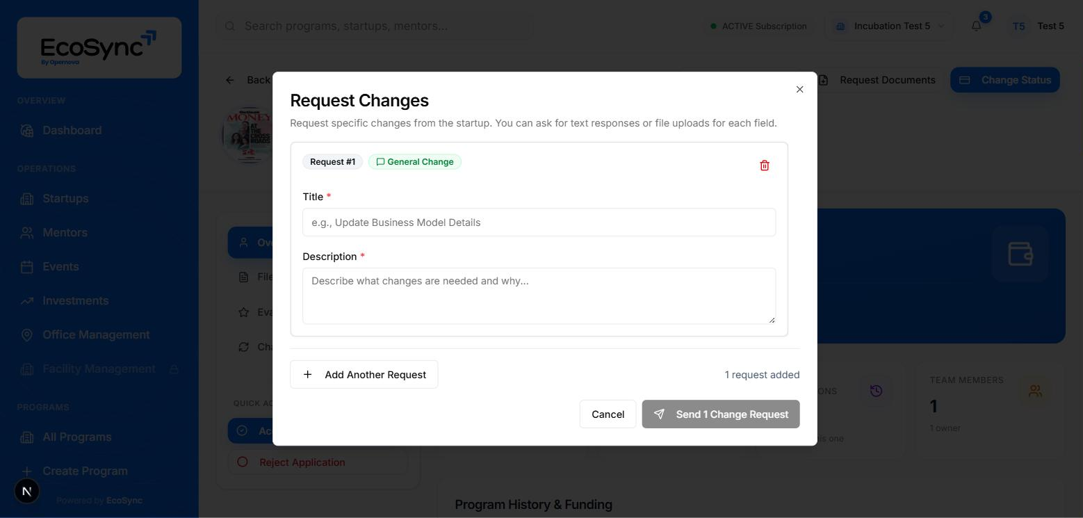 The Request Changes dialog with a numbered request card containing a title and description field, an Add Another Request button and a send button showing the count