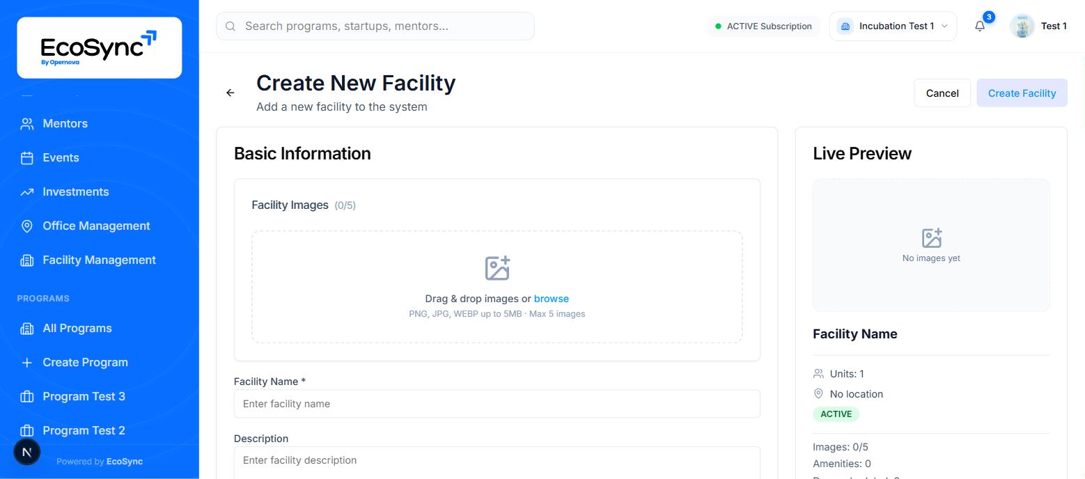 The Create New Facility page showing image upload, facility name and description fields with a live preview panel