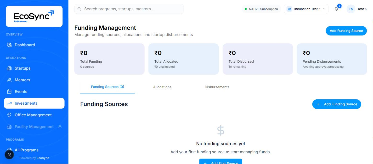 The Funding Management page showing total funding, allocated, disbursed and pending figures with tabs for funding sources, allocations and disbursements