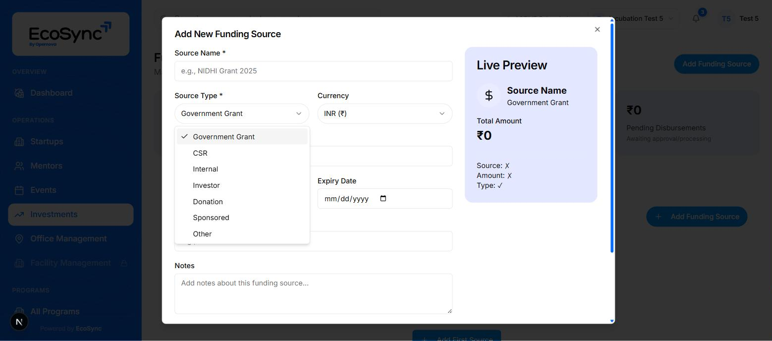The Add New Funding Source dialog with the source type dropdown open showing seven options