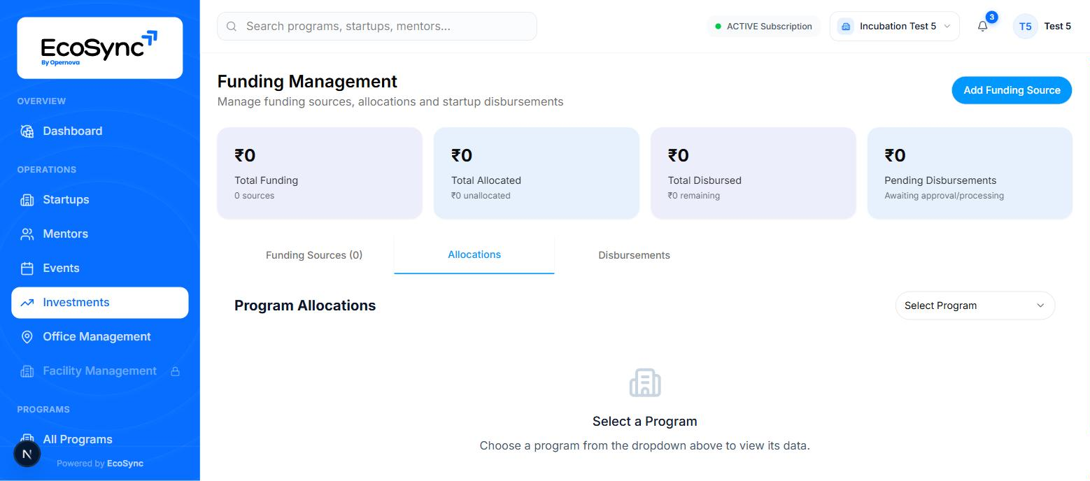 The Allocations tab showing Program Allocations with a select program dropdown and a prompt to choose a program