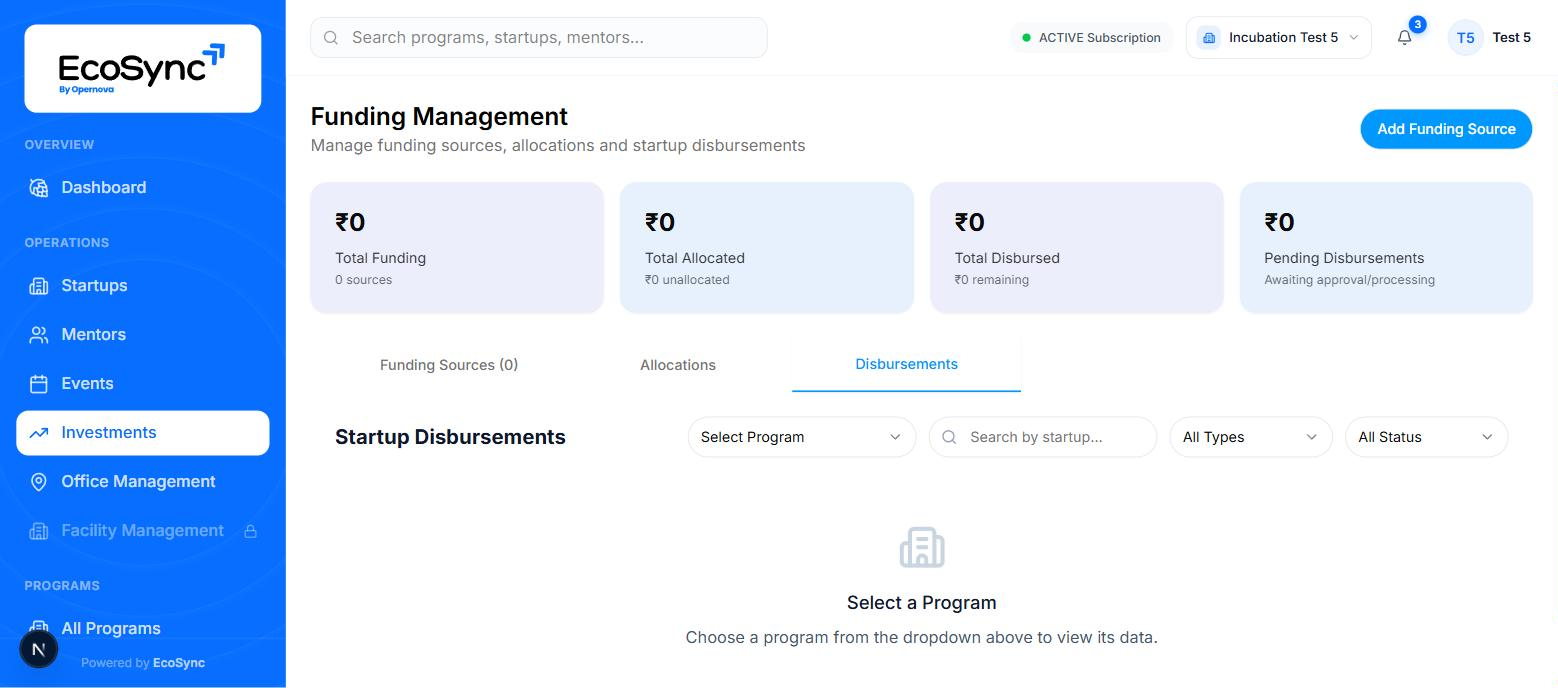 The Disbursements tab showing Startup Disbursements with program, search, type and status filters