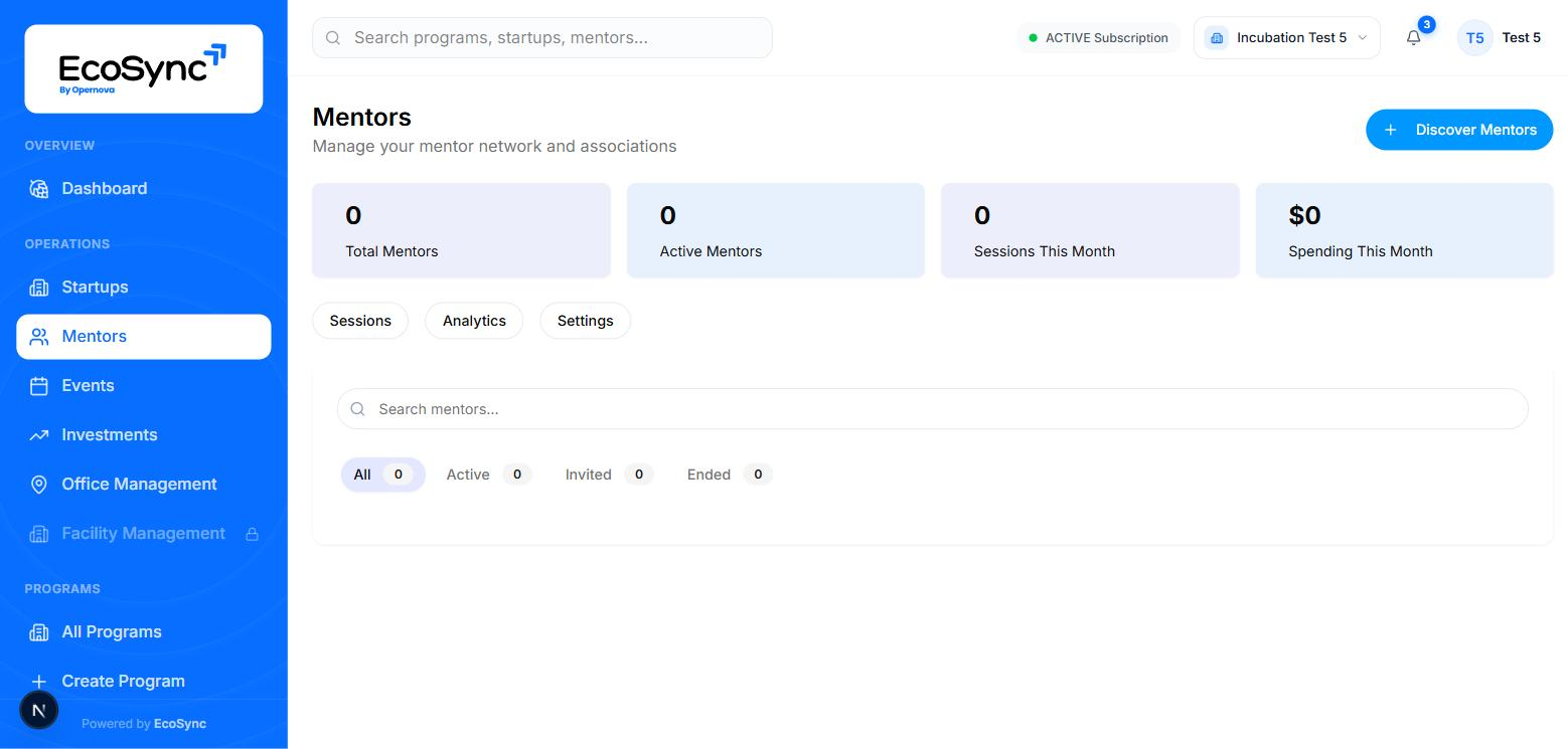 The Mentors page showing total mentors, active mentors, sessions this month and spending this month, with All, Active, Invited and Ended filter tabs