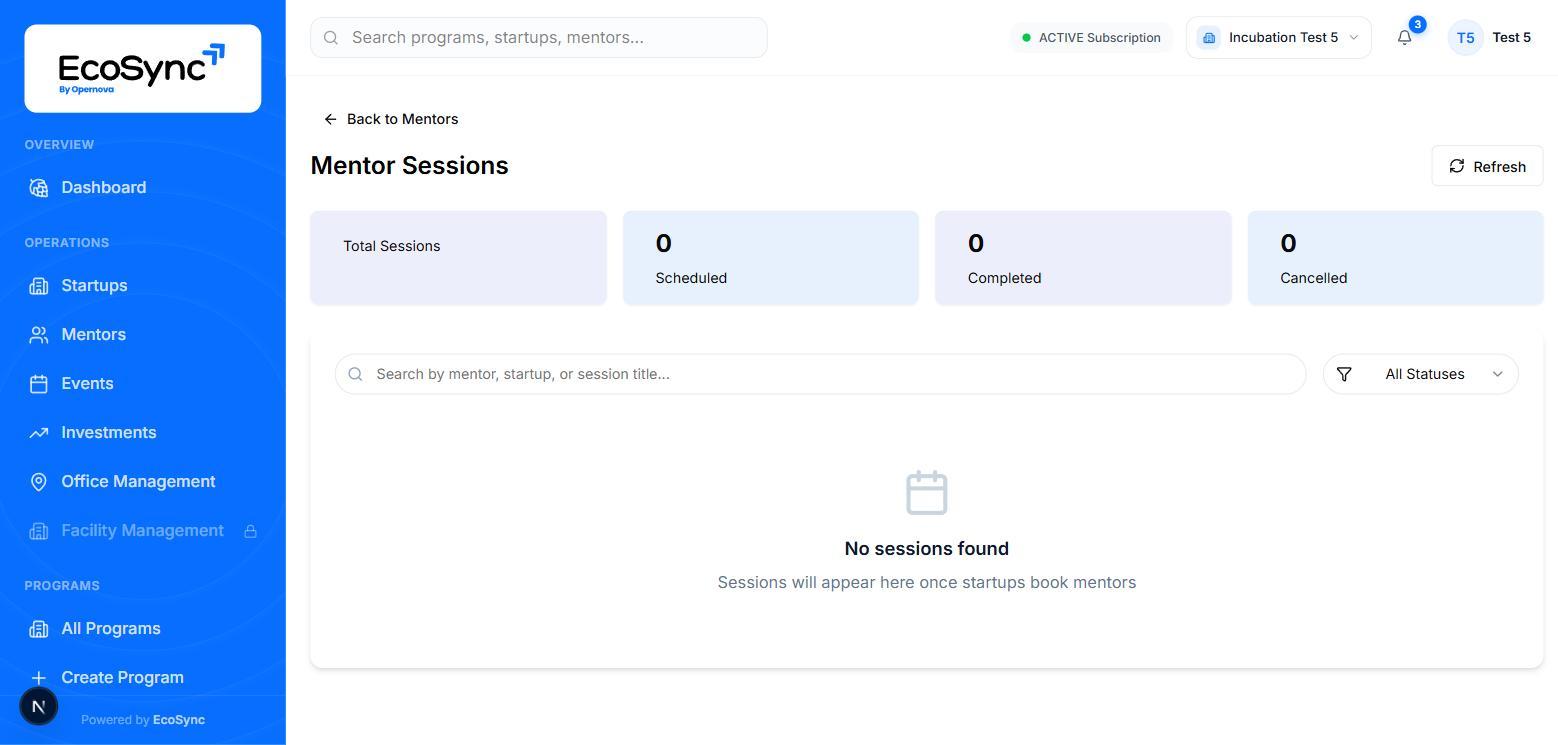 The Mentor Sessions page showing total, scheduled, completed and cancelled counts with a search box and status filter