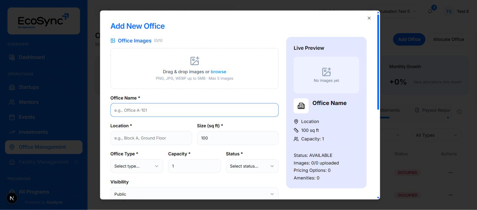 The Add New Office dialog with image upload, office name, location, size, type, capacity, status and visibility fields alongside a live preview
