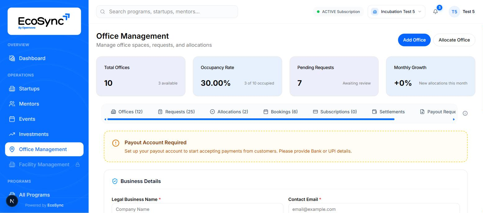 The Payout Account tab showing a Payout Account Required warning and the start of a business details form