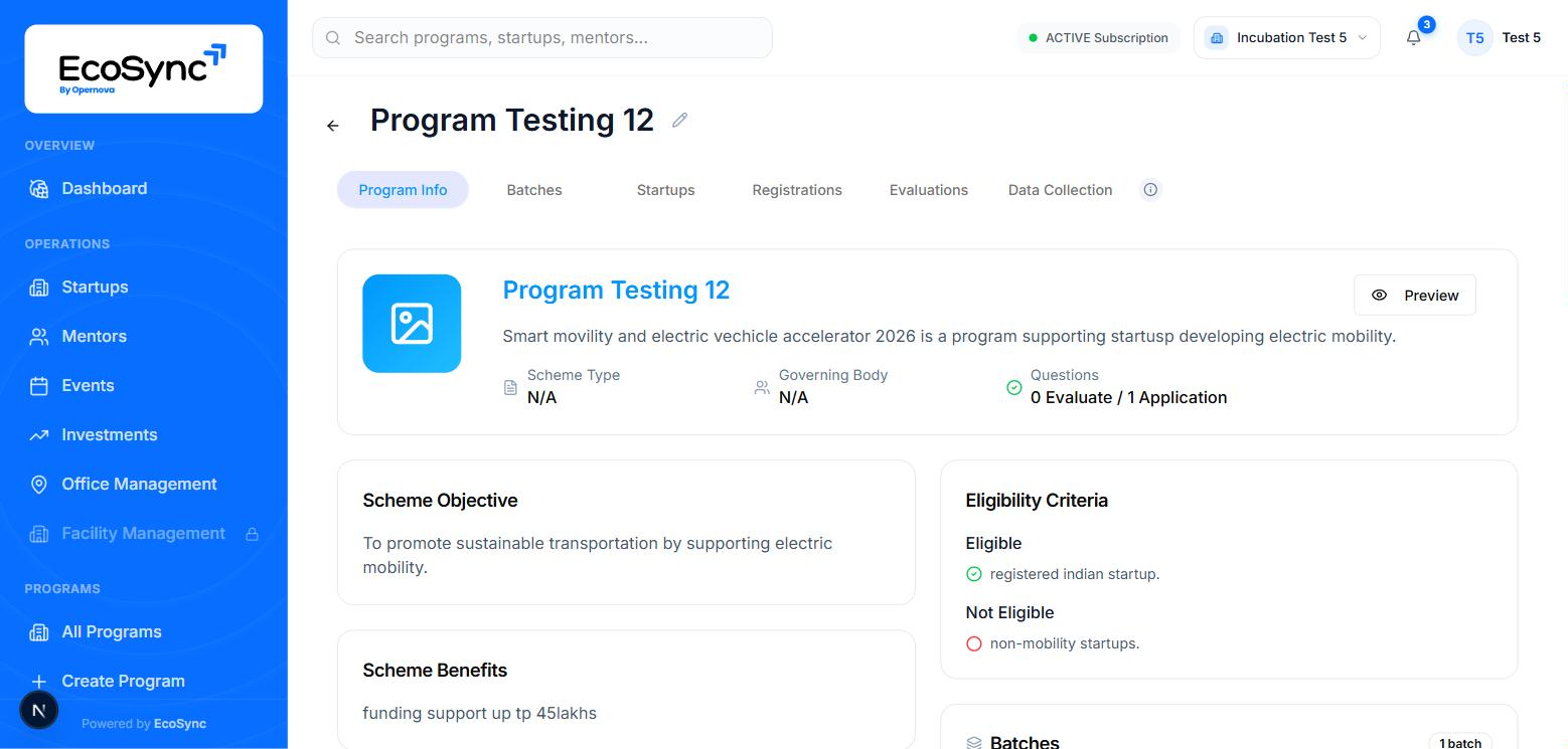 The Program Info tab showing the description, scheme type, question counts, objective and eligibility criteria