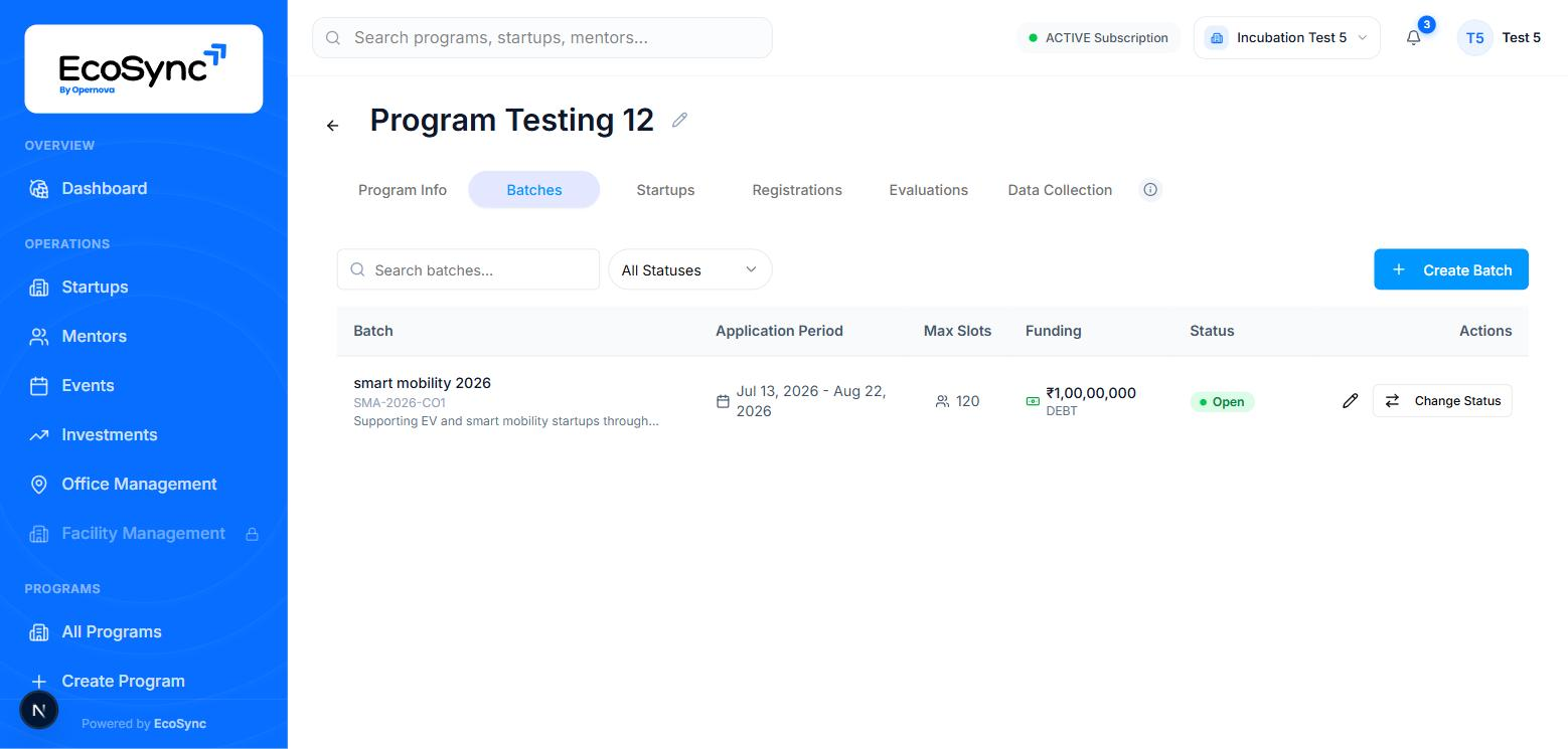 The Batches tab listing one batch with its code, application period, max slots, funding amount and Open status