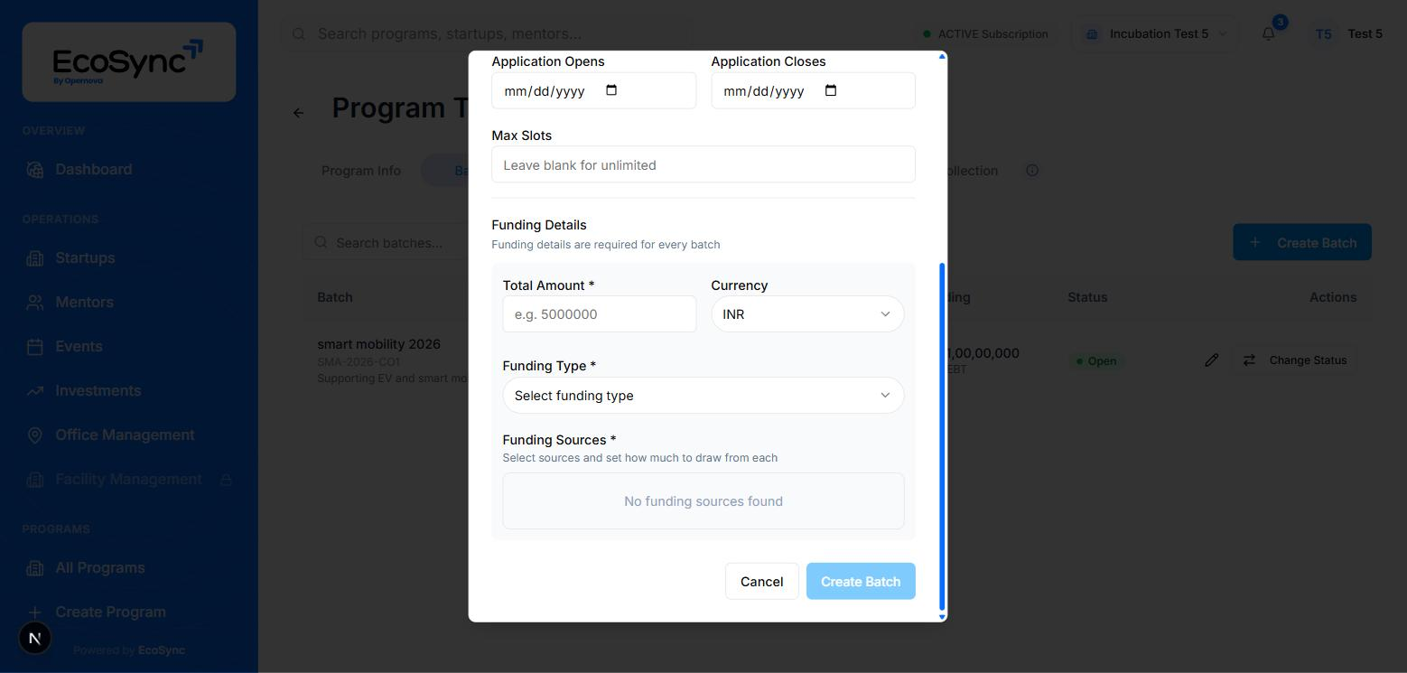 The funding section of the batch dialog showing total amount, currency, funding type and an empty funding sources list with Create Batch greyed out