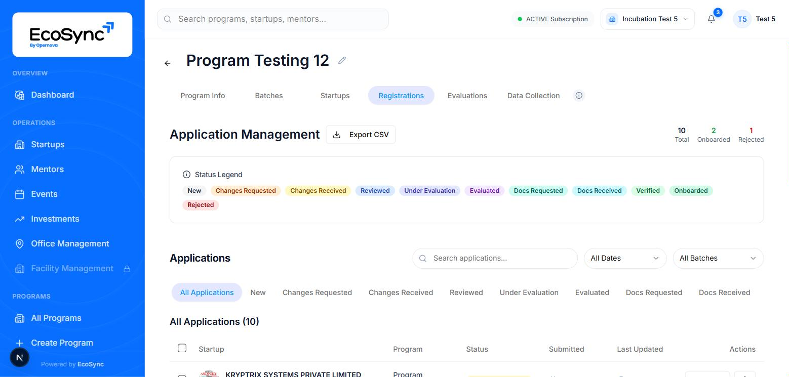 The Registrations tab showing Application Management with Export CSV, totals, a status legend and filter tabs