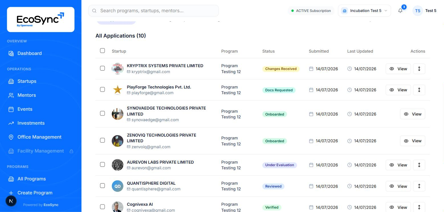 The application list showing startups with Changes Received, Docs Requested, Onboarded, Under Evaluation, Reviewed and Verified statuses