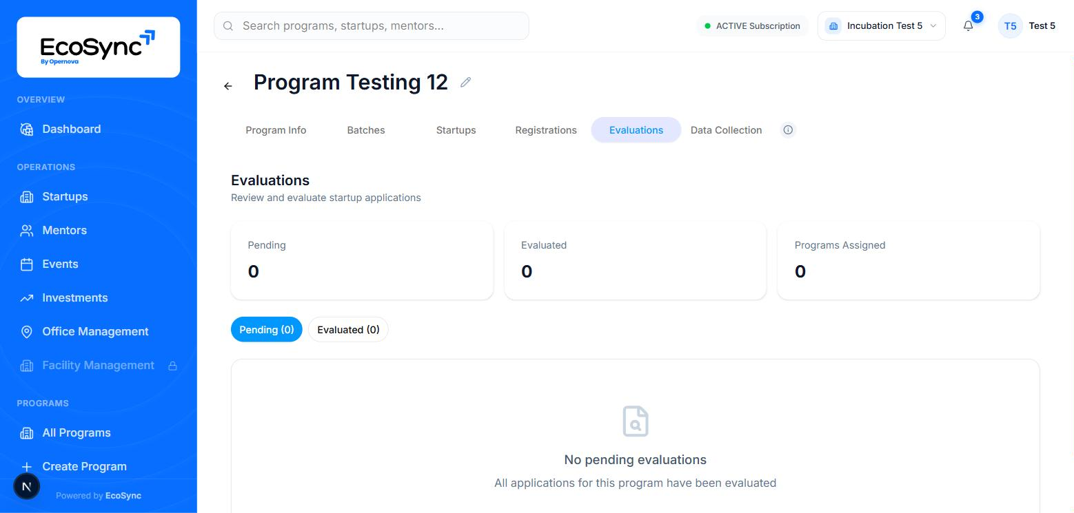 The Evaluations tab showing Pending, Evaluated and Programs Assigned counts with pending and evaluated filter buttons