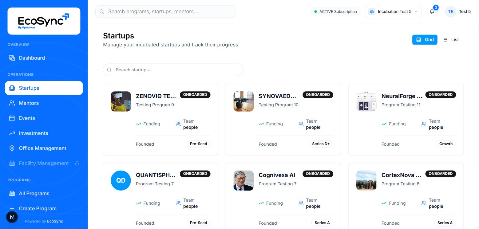 The Startups page in grid view showing startup cards with logo, program, funding, team, founding year and stage