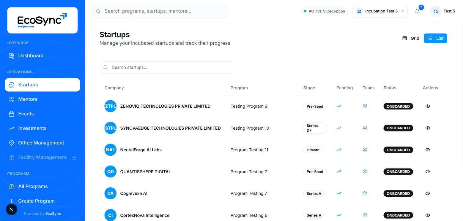 The Startups page in list view showing company, program, stage, funding, team and status columns