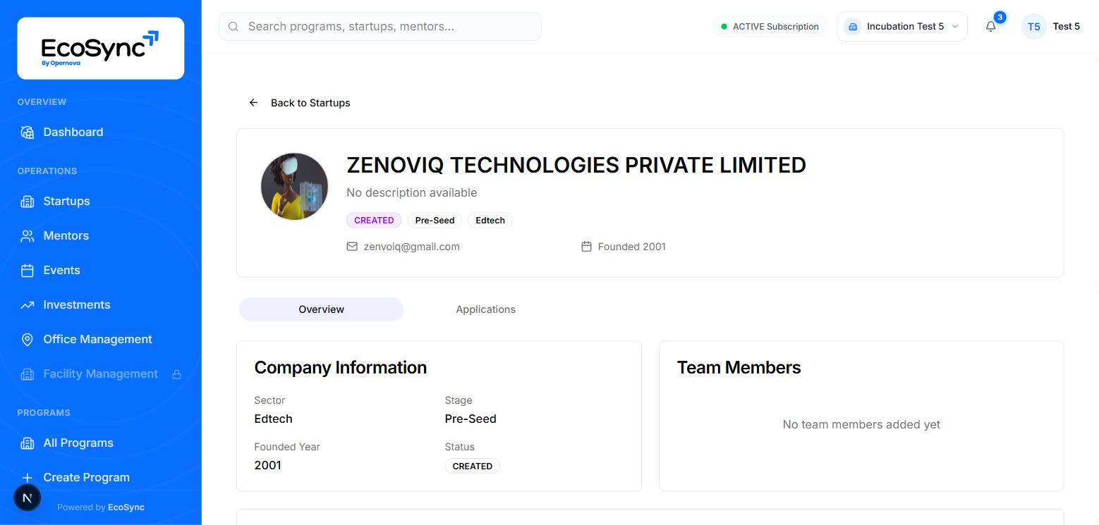 A startup opened from the directory showing status Created, with only Overview and Applications tabs