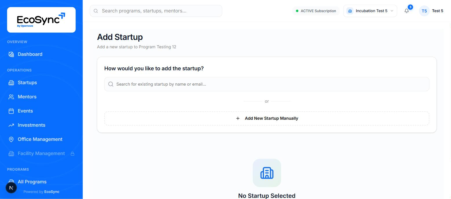 The Add Startup screen asking how you would like to add the startup, with a search box for existing startups and an option to add a new one manually