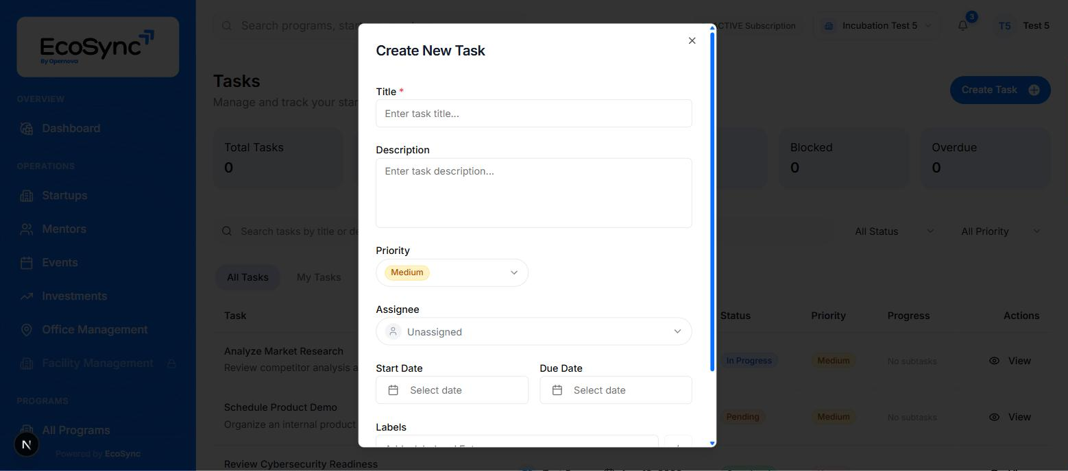 The Create New Task dialog with title, description, priority, assignee, start date, due date and labels fields