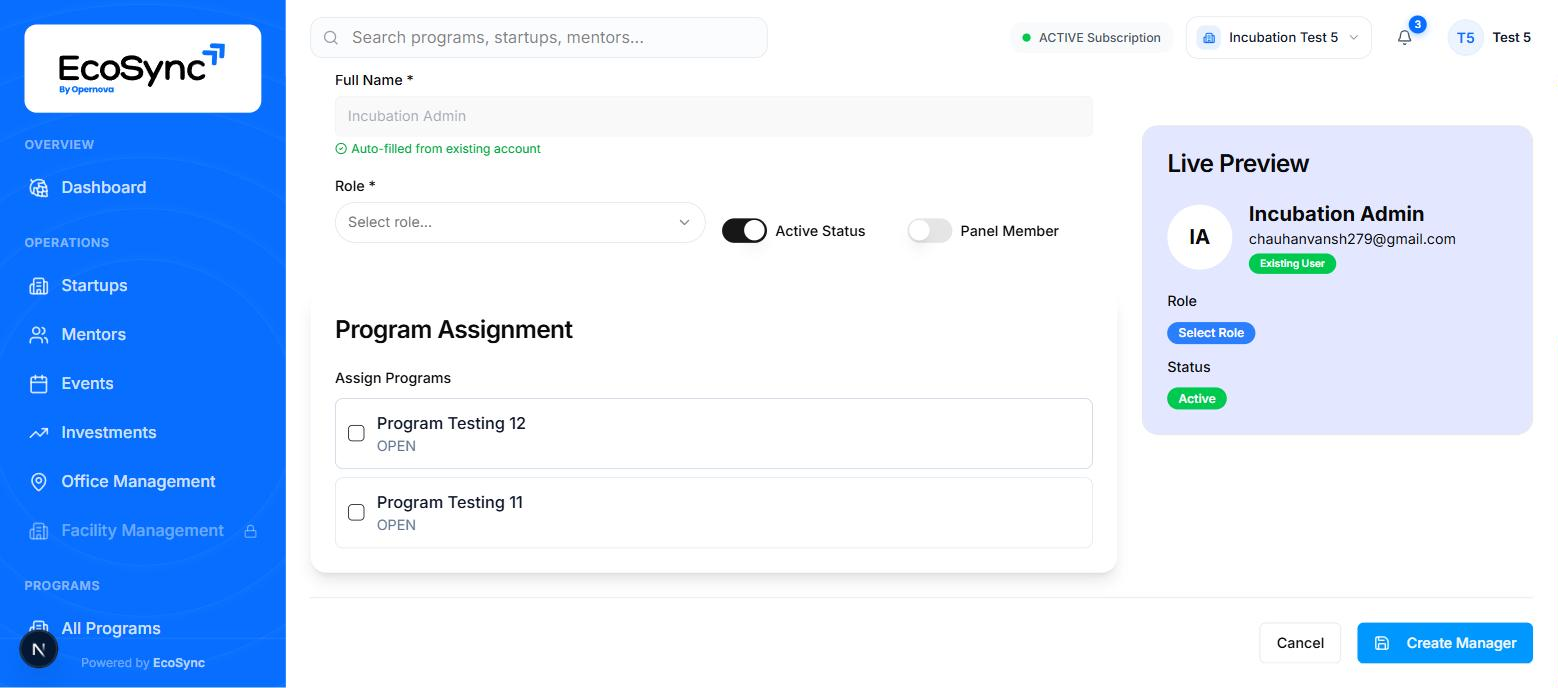 The role dropdown, Active Status and Panel Member switches, and the program assignment list with Create Manager button
