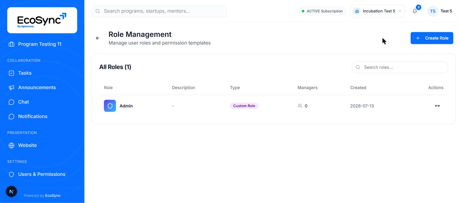 The Role Management page listing roles with description, type, manager count and creation date
