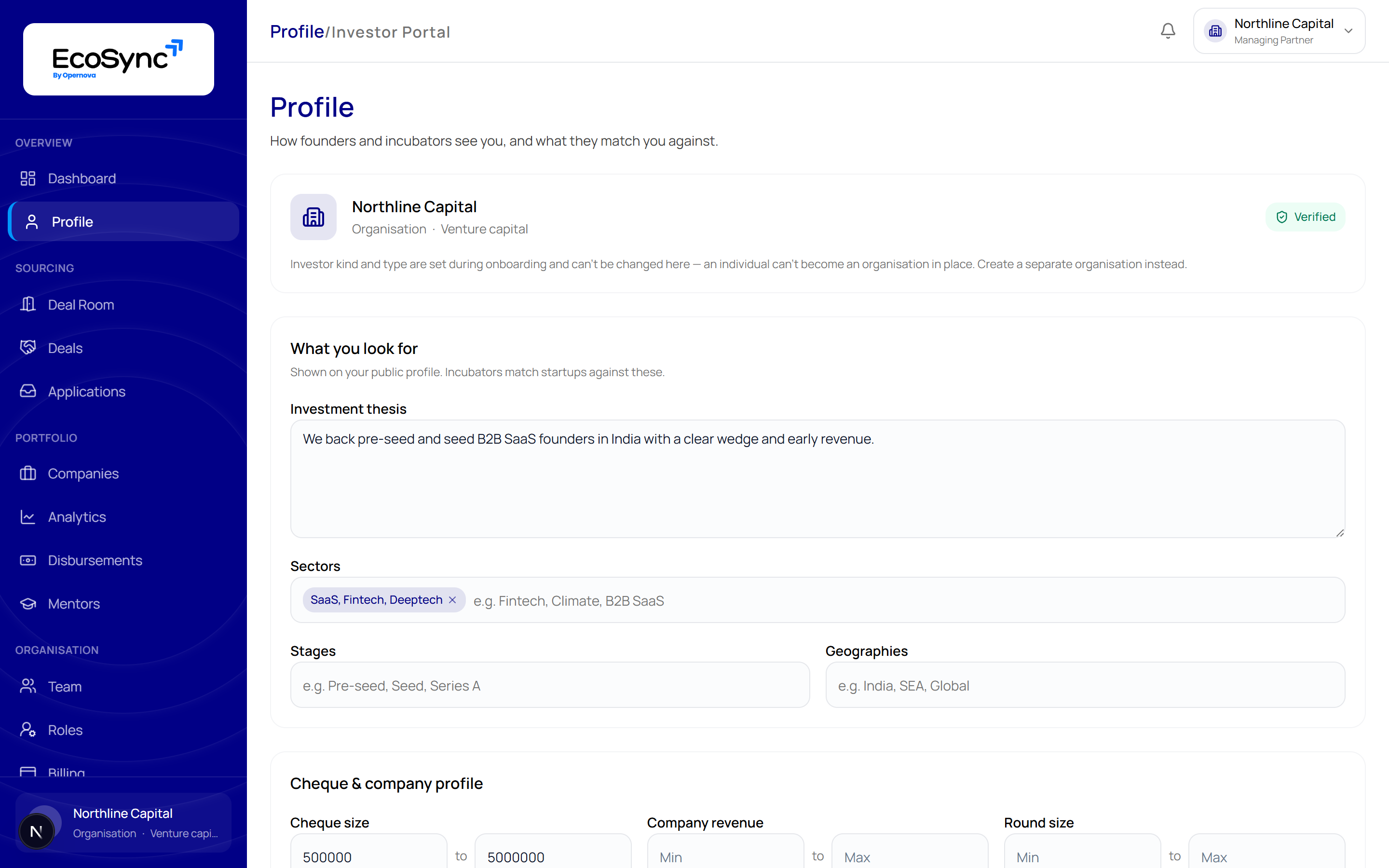 The investor profile page showing identity, verification status, investment thesis, sectors, stages, geographies, cheque size, revenue and round size ranges, AUM and currency