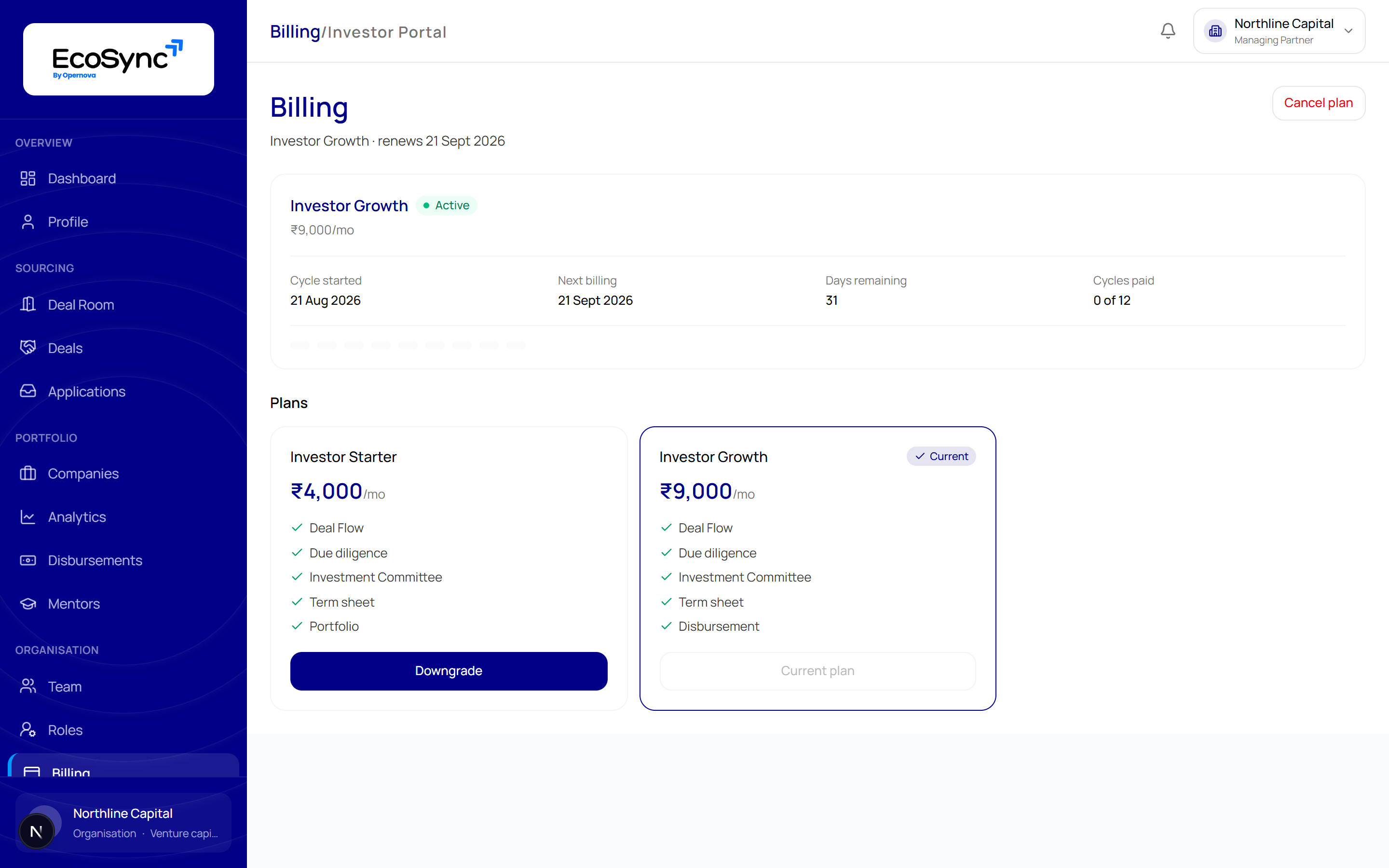 The Billing page showing the current plan with cycle dates and days remaining, and plan cards listing the modules each one includes