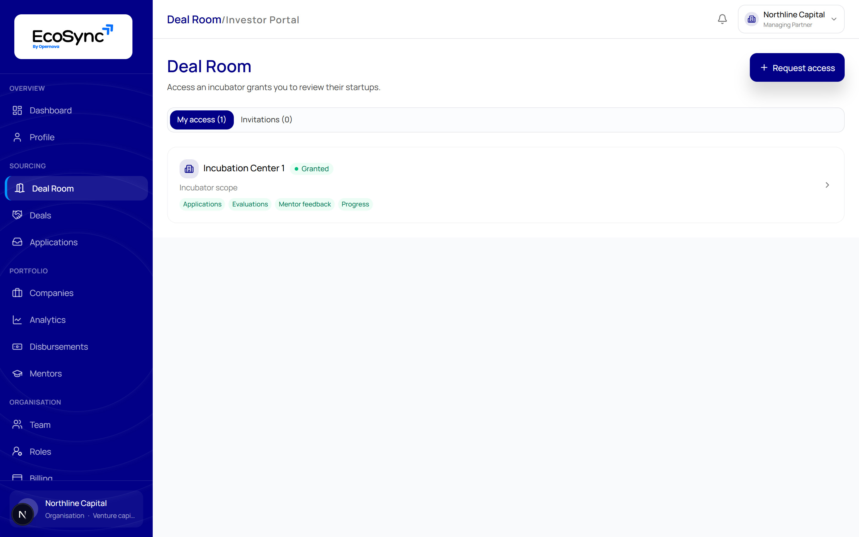 The Deal Room page with My access and Invitations tabs, showing a granted incubator with its scope and the permissions included