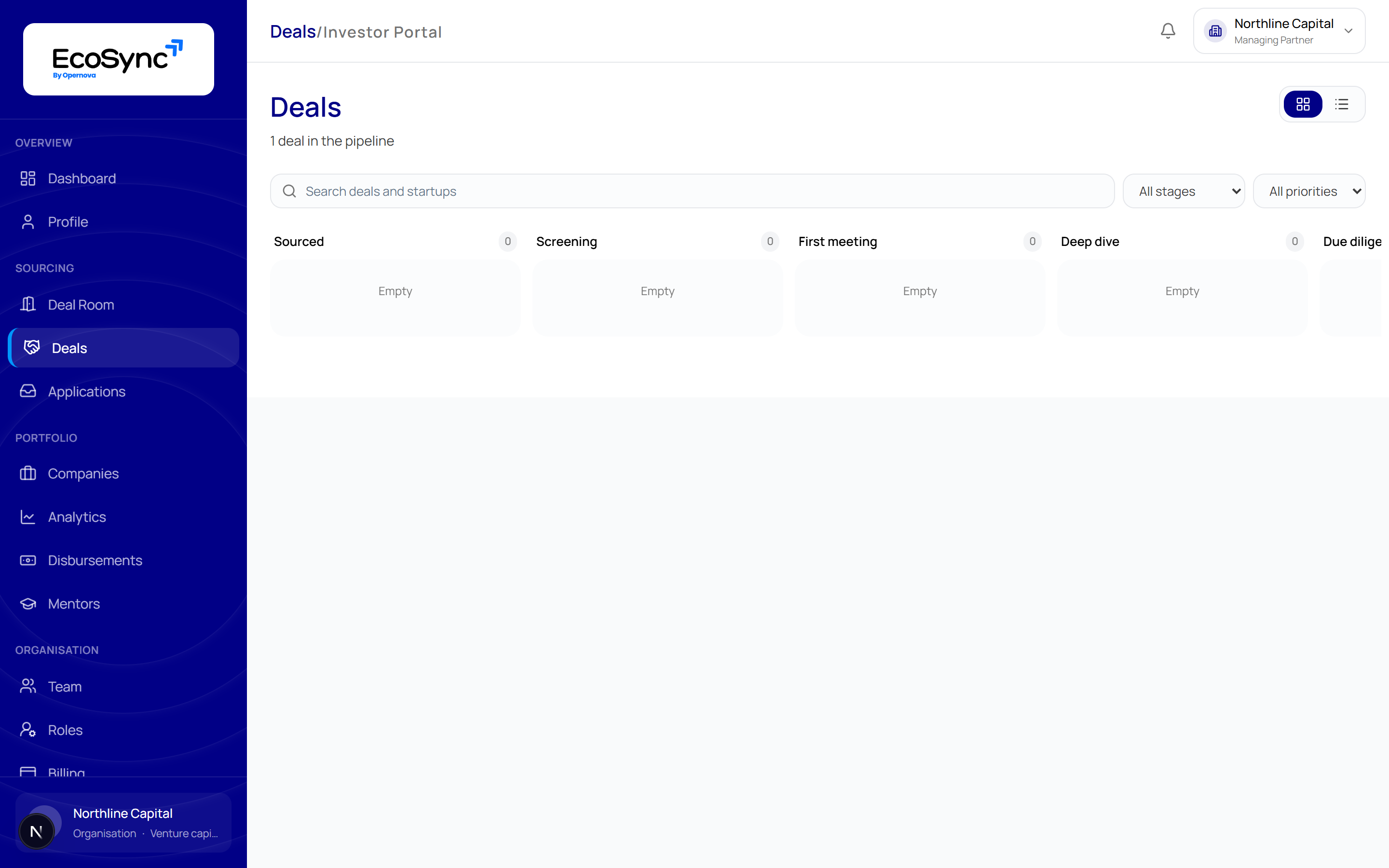 The deals pipeline laid out in stage columns from Sourced through to Closed and Passed, with a deal card showing the company, ask amount and priority