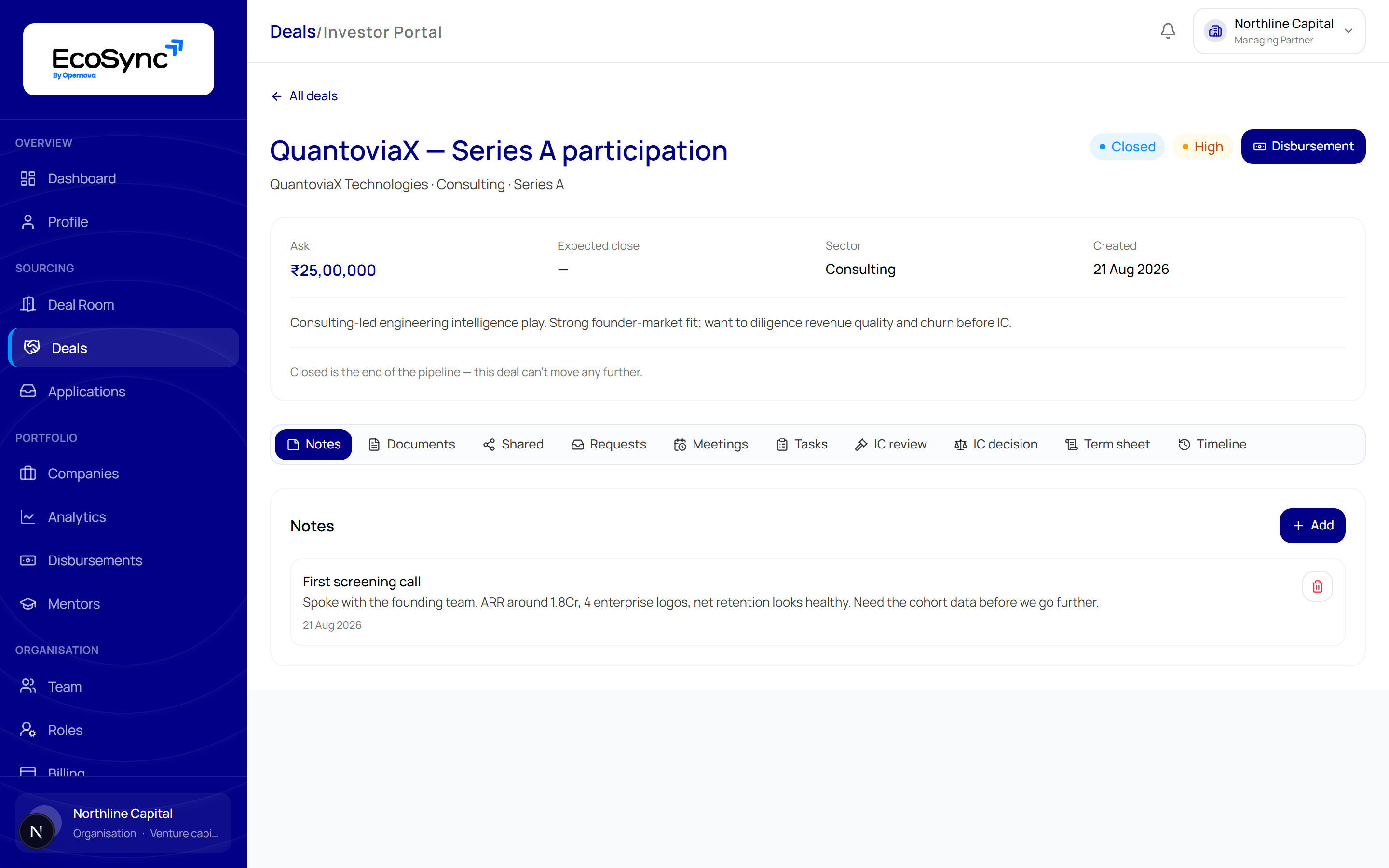 A deal page showing the ask amount, expected close, sector and created date, the next-step indicator, a Move stage control and tabs for Notes, Documents, Shared, Requests, Meetings, Tasks, Term sheet and Timeline