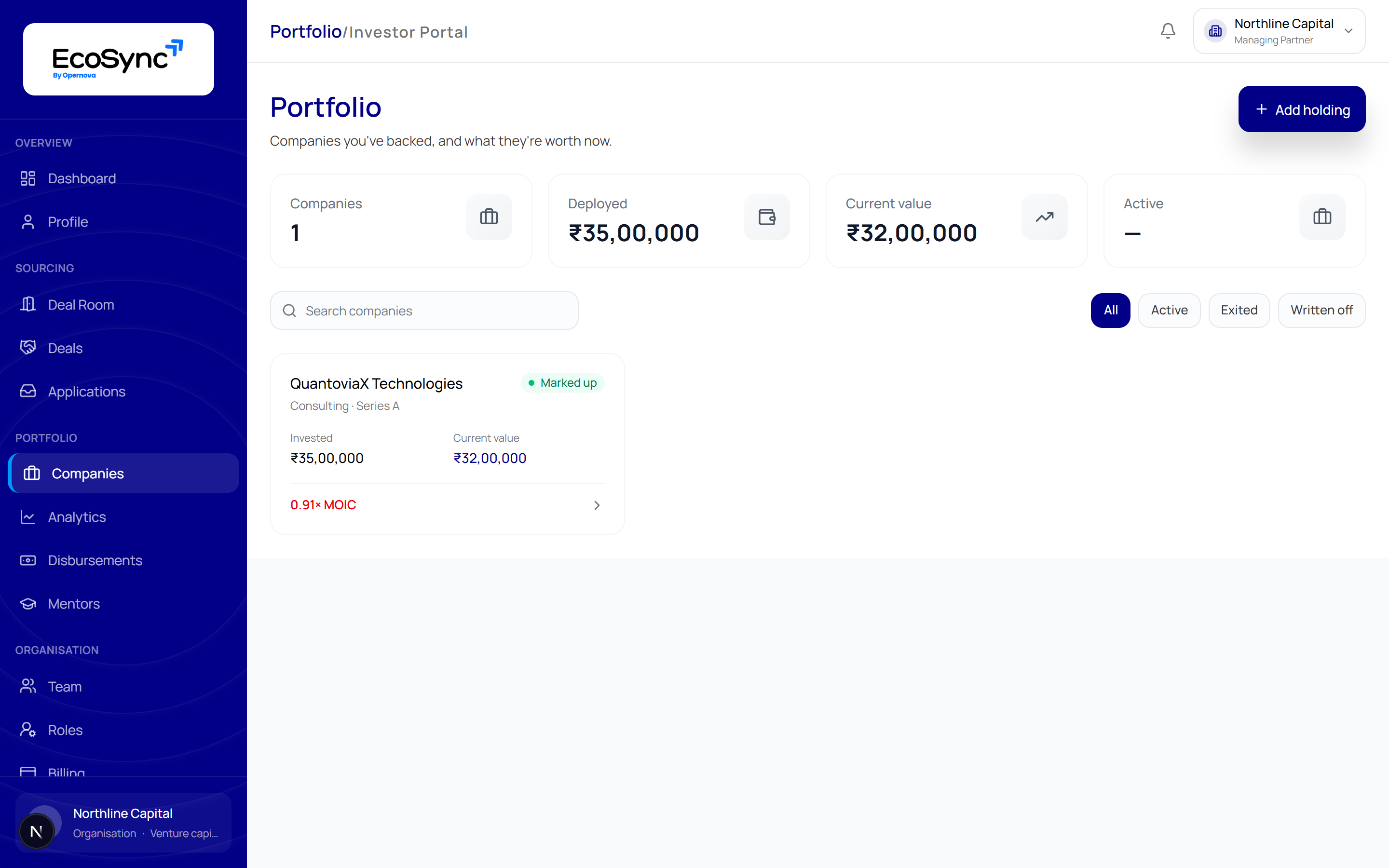 The Portfolio page showing company count, deployed capital, current value, and a holding card with invested amount, current value and MOIC