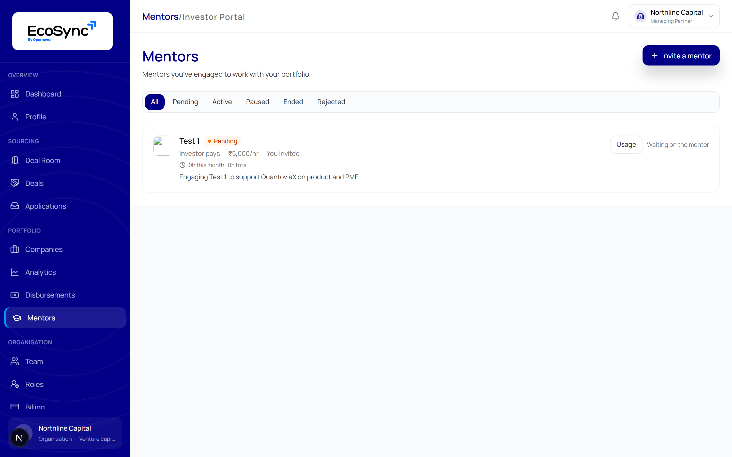The investor Mentors page listing mentor engagements