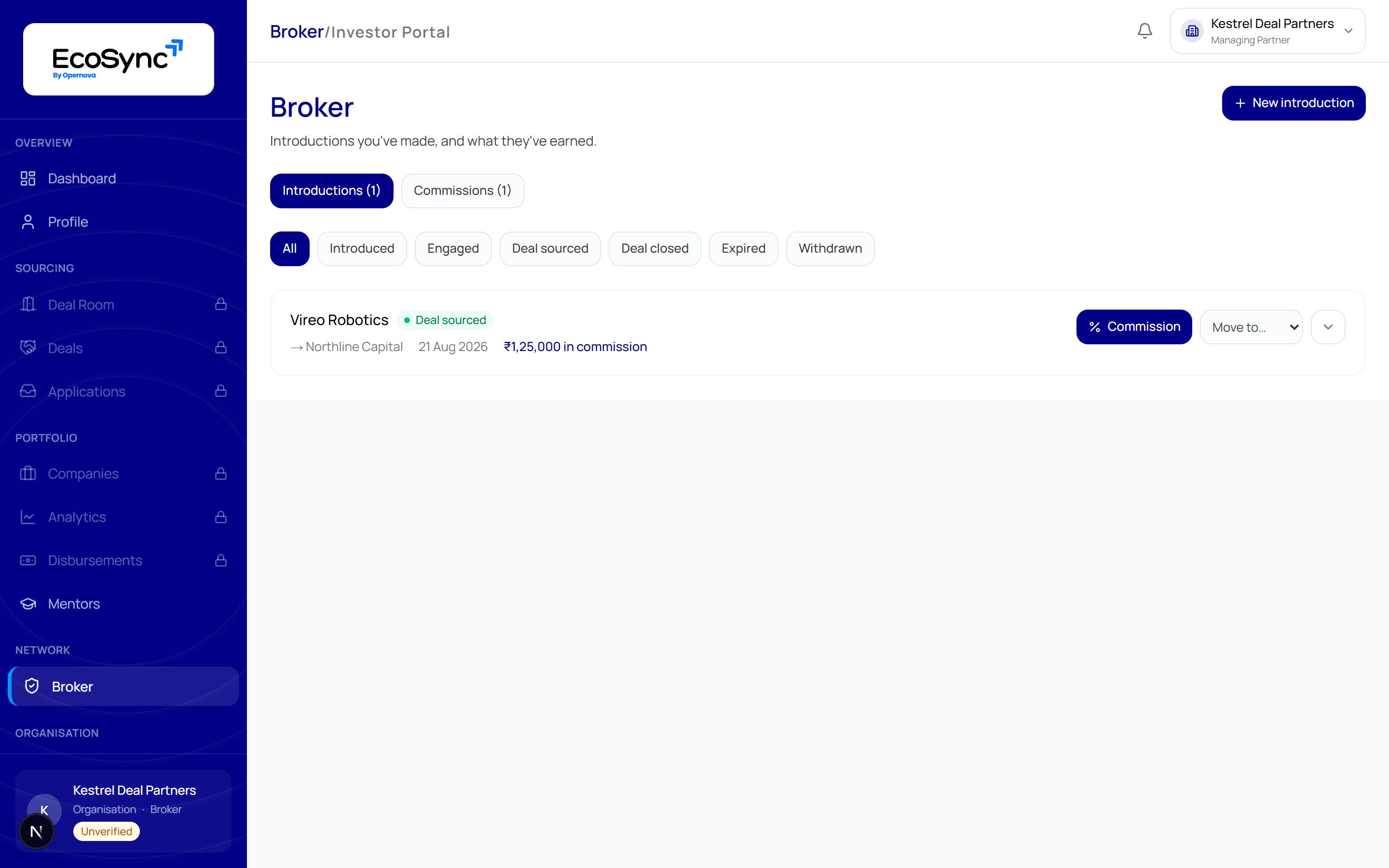 The Broker page with Introductions and Commissions tabs and status filters for Introduced, Engaged, Deal sourced, Deal closed, Expired and Withdrawn