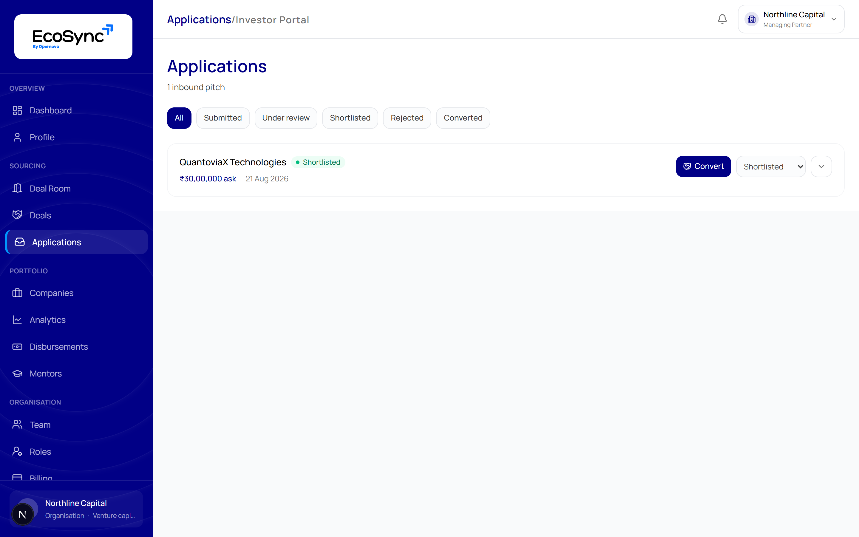 The Applications page listing inbound pitches from founders