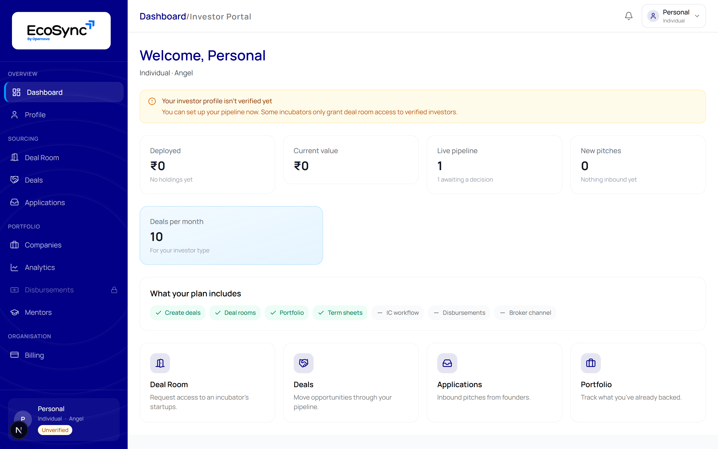 An Angel investor dashboard showing 10 deals per month, a feature strip with Create deals, Deal rooms, Portfolio and Term sheets ticked and IC workflow, Disbursements and Broker channel dashed, and a padlocked Disbursements item in the sidebar
