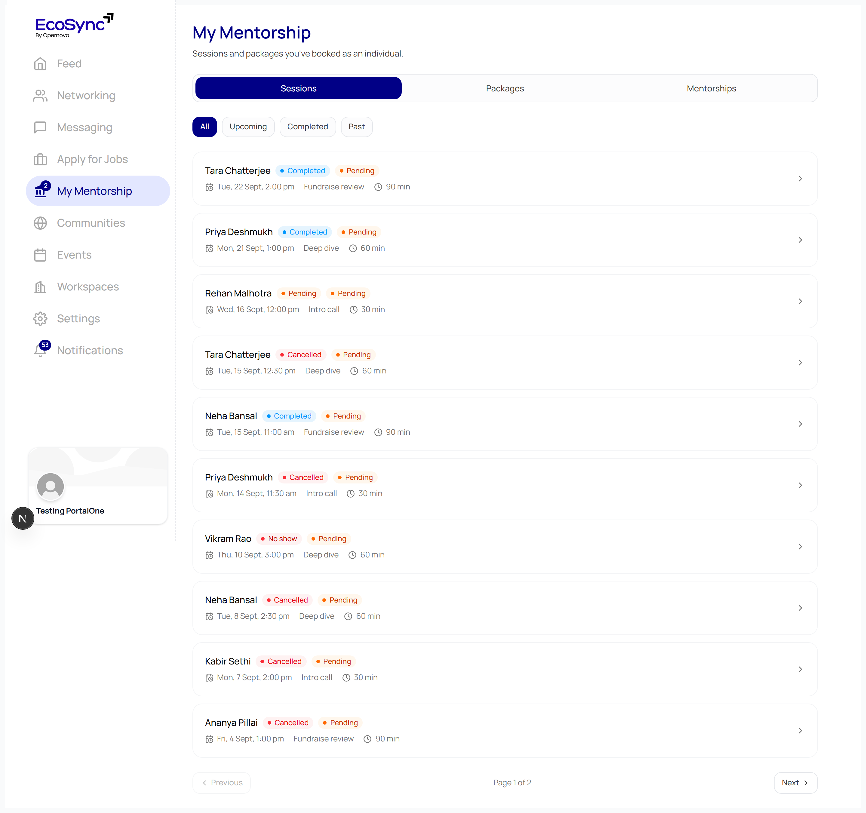 The My Mentorship page where a mentee sees their sessions with mentors