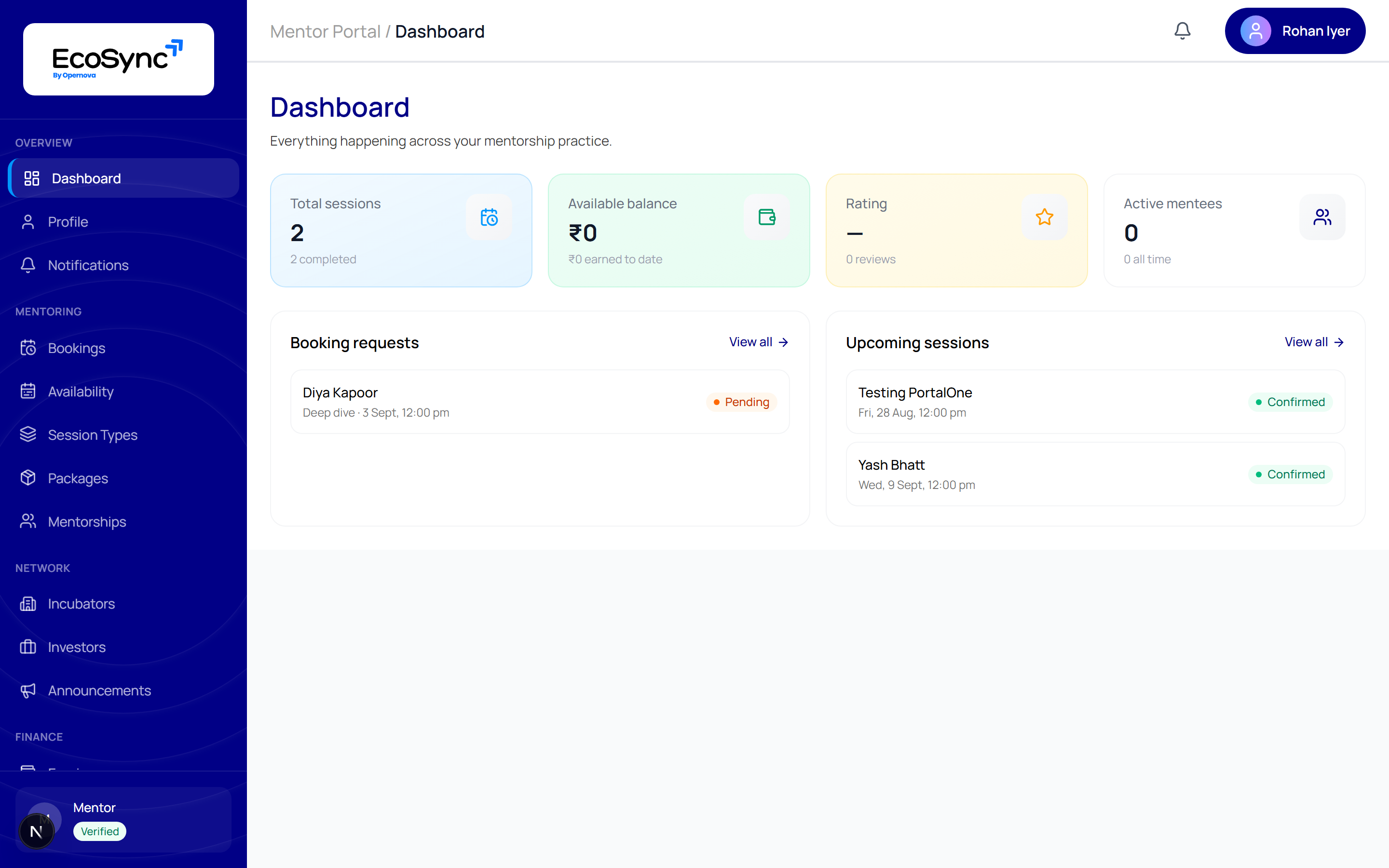 The mentor dashboard showing total sessions, available balance, rating and active mentees, with booking requests and upcoming sessions below