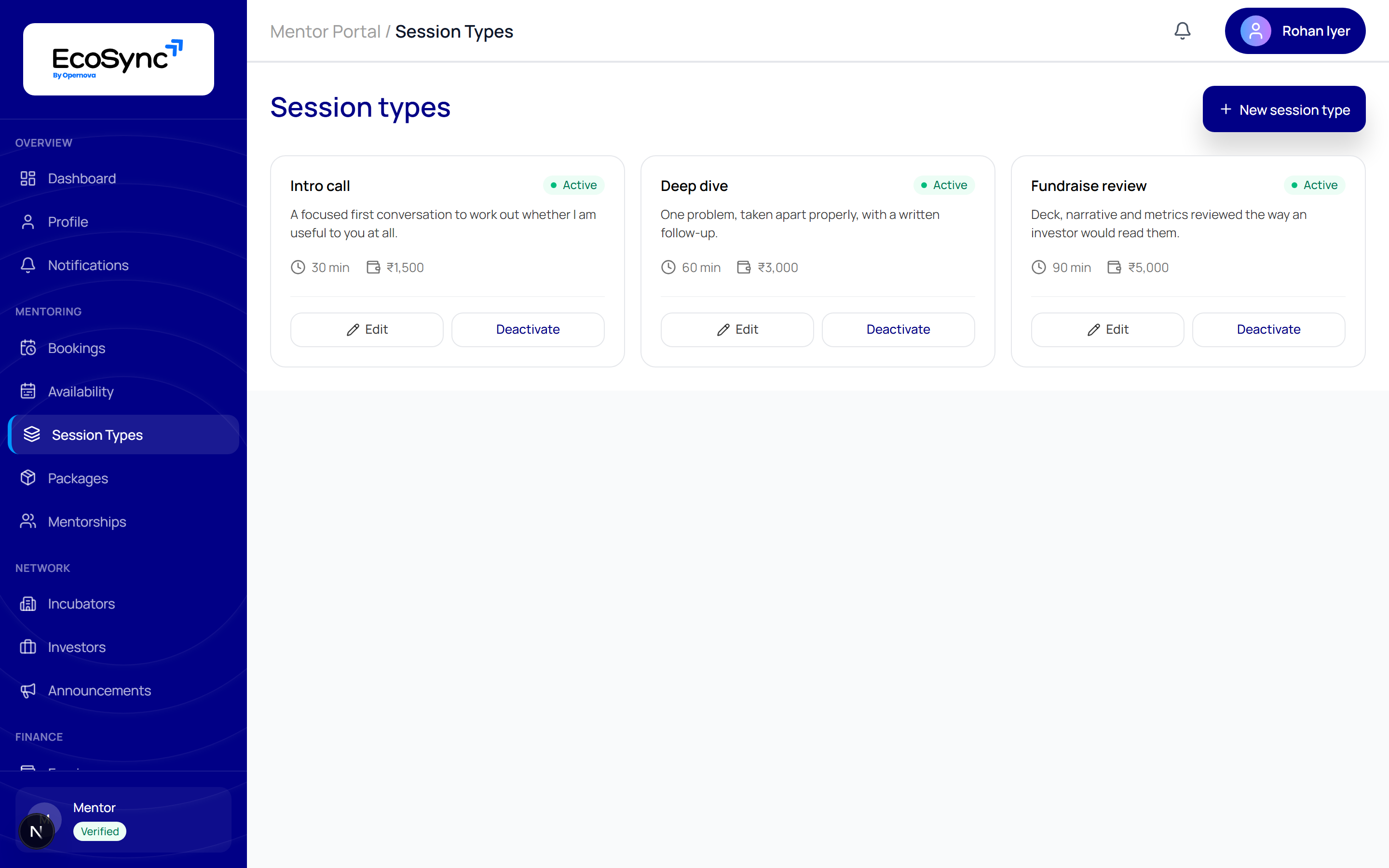 The Session types page showing three active session types - Intro call 30 min, Deep dive 60 min and Fundraise review 90 min - each with Edit and Deactivate