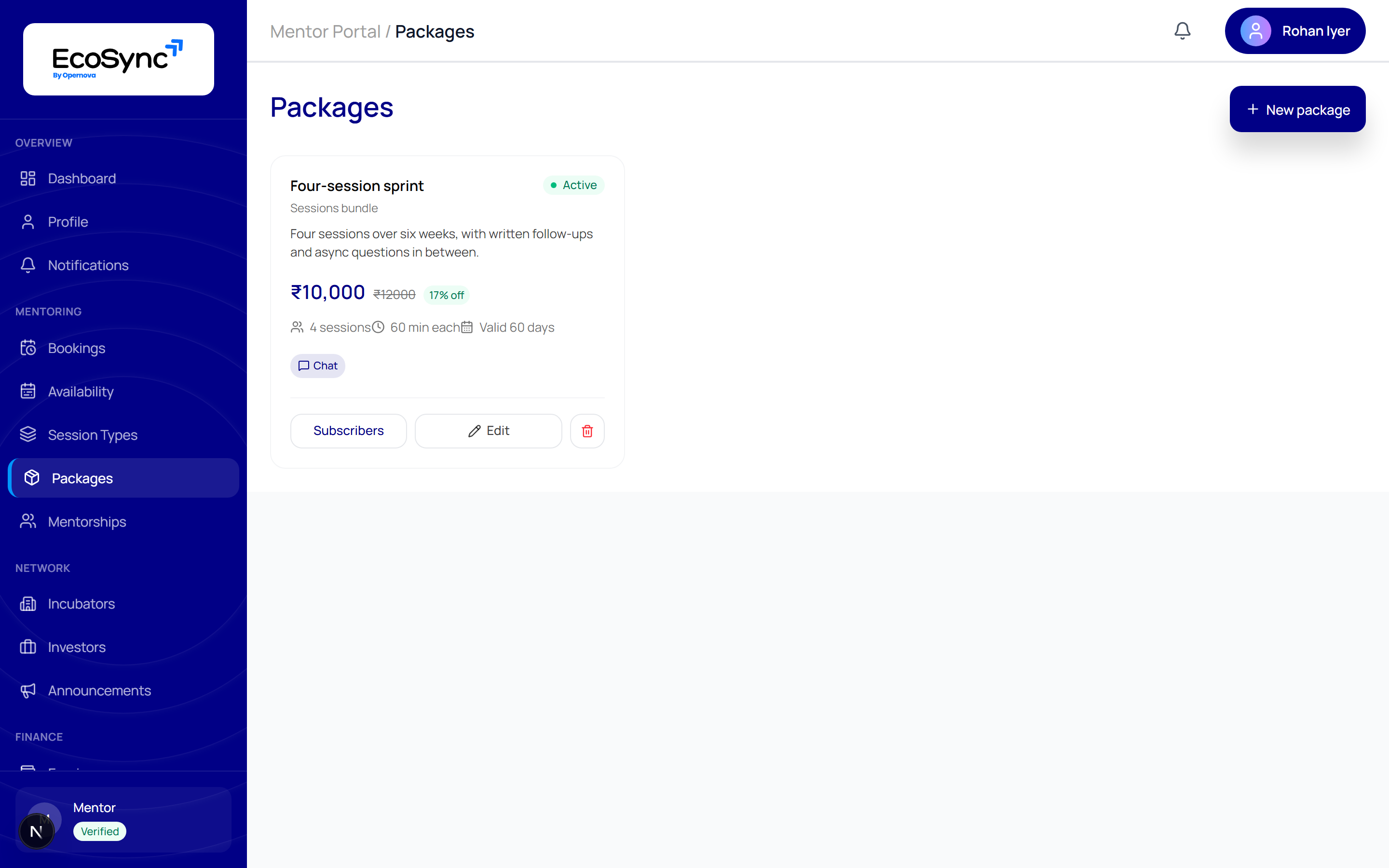 The mentor packages page showing a four-session sprint package with price, session count and validity